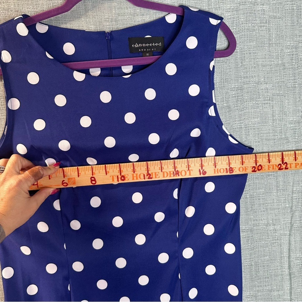 Connected Apparel Blue White Polka Dot Sheath Dress Size 16 Sleeveless Knee Work - Picture 9 of 13